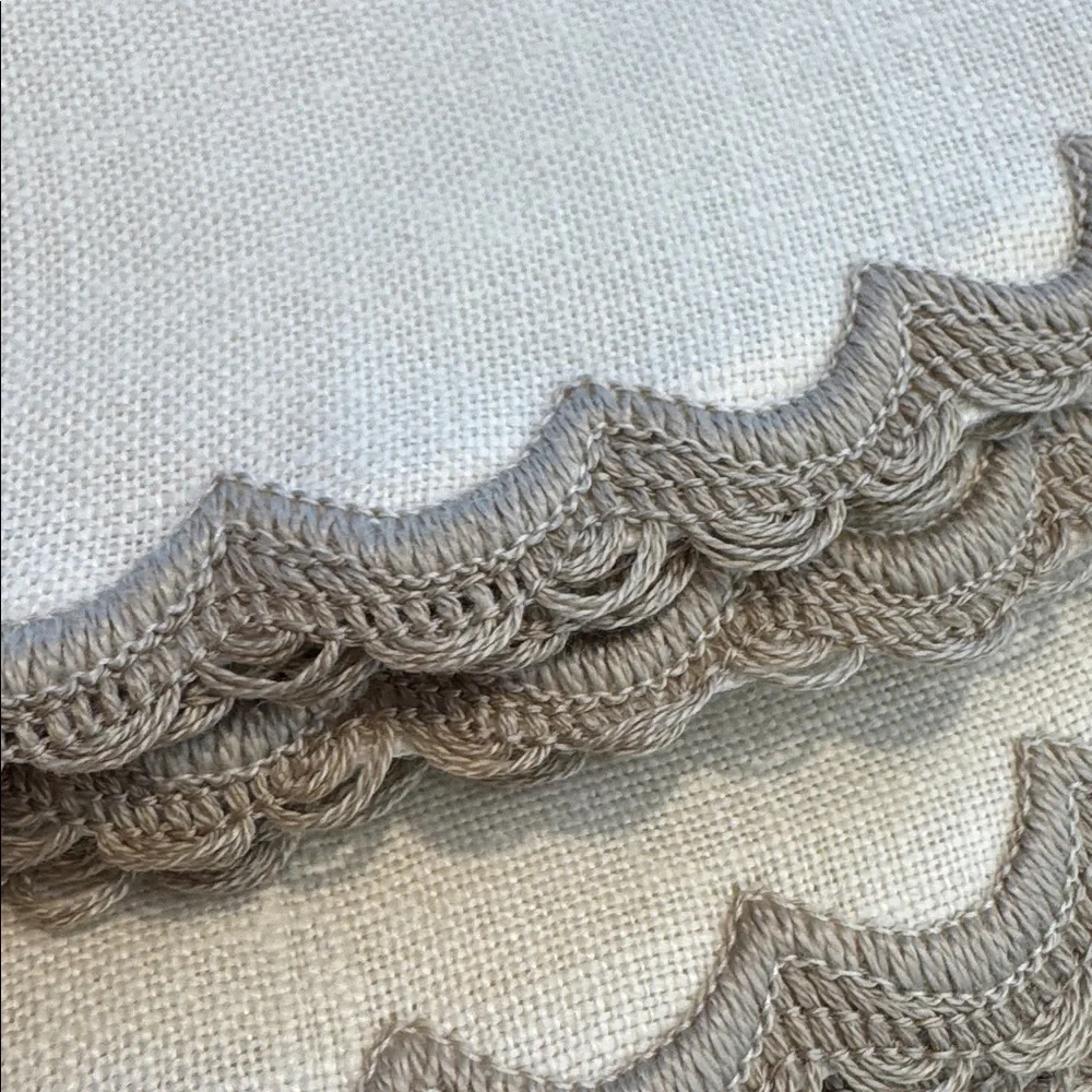 Vintage Linen Tablecloth & 8 Napkins Set Scalloped Crochet Trim Ivory